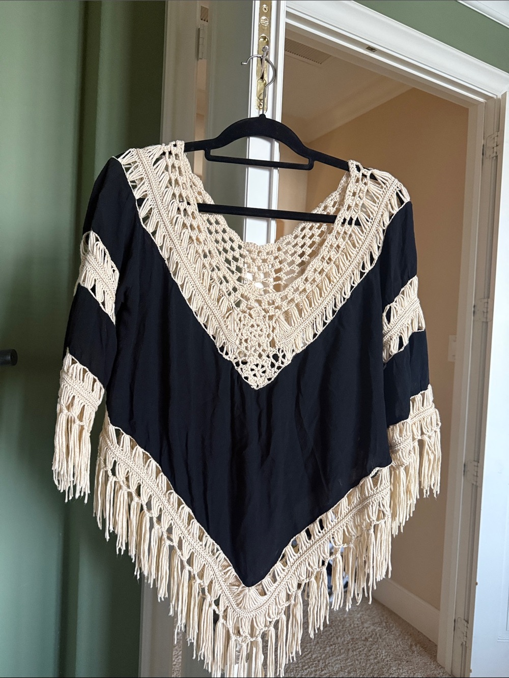 Umgee Black Tunic with Cream Crochet Fringe